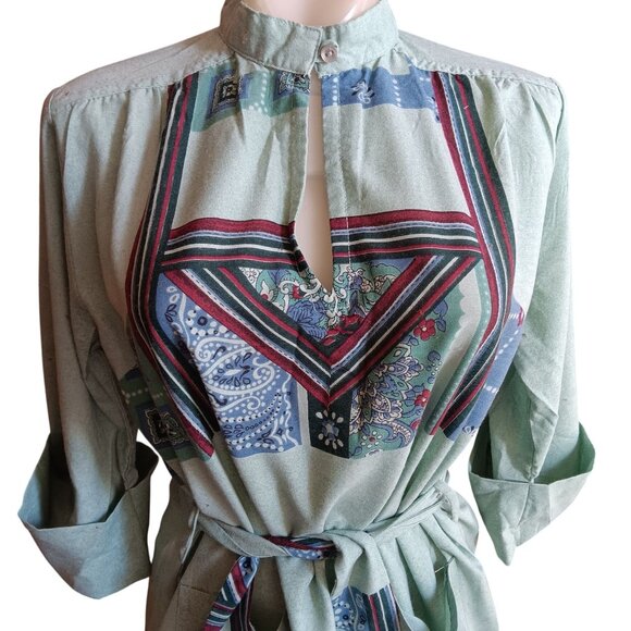 Medium Vintage Boho Belted Top Loubella Extendabes Tunic Blouse Mint Green 1970s - Picture 1 of 11